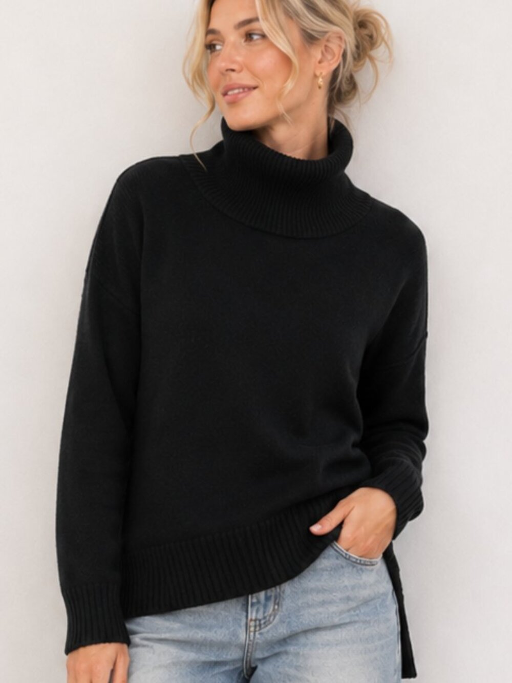 BAR III x BECCA TILLEY Black Cowl Neck Hi-lo Hem Raw Edge Sweater Size M NWT